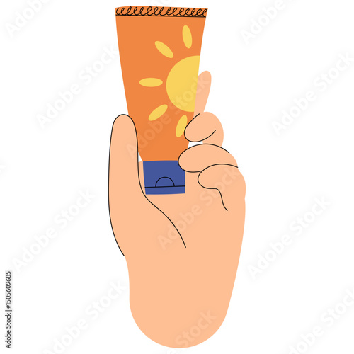 Hand holding sunscreen SPF cream. Skin protection from harmful sun rays, UV protection concept. Summer skincare and sun safety illustration.