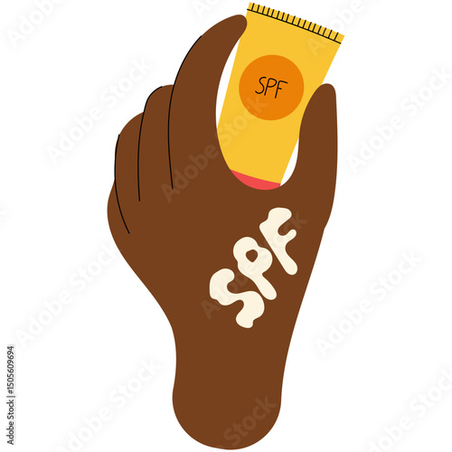 Hand holding sunscreen SPF cream. Skin protection from harmful sun rays, UV protection concept. Summer skincare and sun safety illustration.