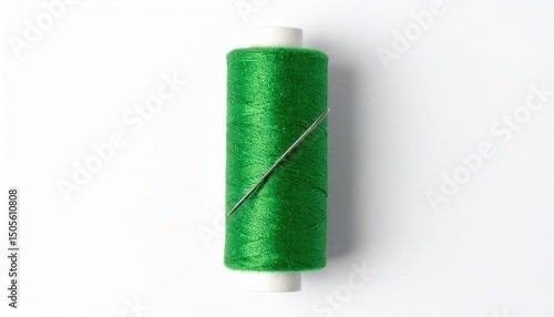Bright Green Thread Spool With Needle On White Background