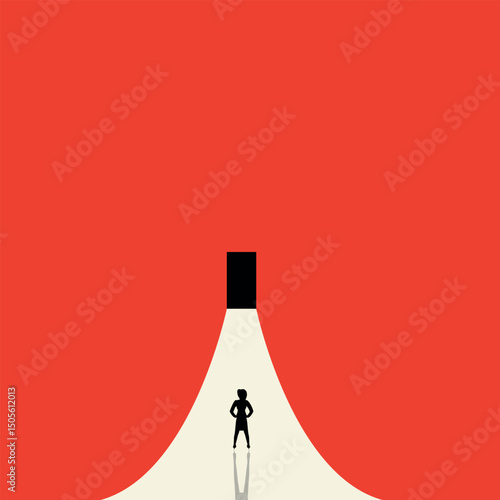 Businesswoman walking towards the door. Woman walking towards the goal. Concept of success, motivation, personal growth, problem solving, hard work, big ambitions, opportunities, hope. Vector.