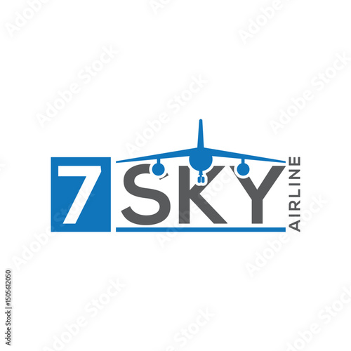 Modern airline logo design with airplane silhouette and bold typography for 7 Sky Airline branding
