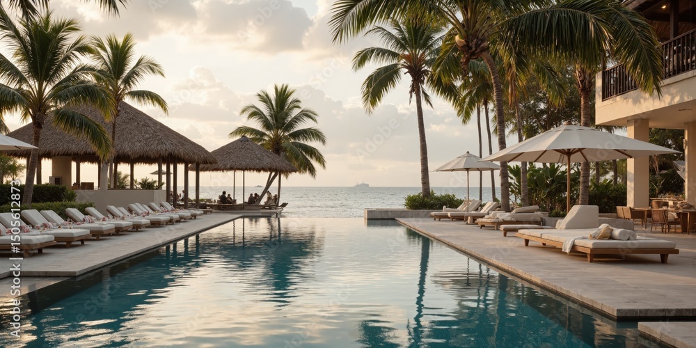 Fototapeta premium Luxury Beach Resort, Poolside Lounging, Exclusive Escape An upscale beach resort with an infinity pool, luxurious cabanas, and guests enjoying