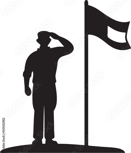 Salute to the Flag: Silhouette of a soldier saluting a waving flag. Symbolizes respect, patriotism, and honor.