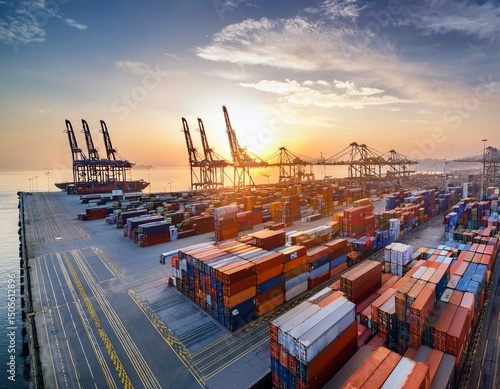 industrial port with shipping containers and cranes highlighting trade tariffs and global commerce at sunrise