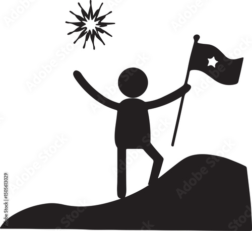 Peak Achievement: A triumphant figure stands atop a hill, flag held high, symbolizing success and reaching a summit.