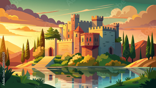 A picturesque castle stands on a lake, surrounded by lush greenery and an ancient stone wall. Warm sunlight gently illuminates the castle's charming beige exterior, evoking timeless elegance.

