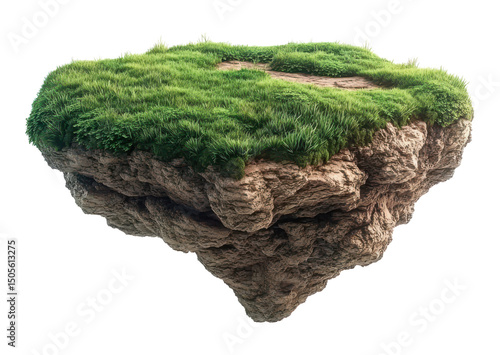 Isolated Floating Island with Grass and Stone on Transparent Background PNG
