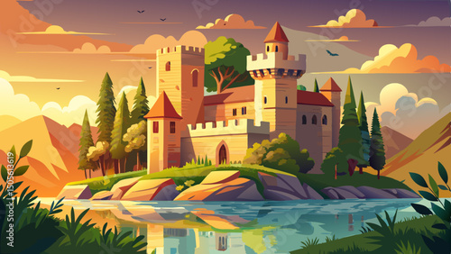 A picturesque castle stands on a lake, surrounded by lush greenery and an ancient stone wall. Warm sunlight gently illuminates the castle's charming beige exterior, evoking timeless elegance.

