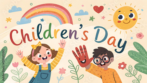 Happy Children's Day Celebration Illustration with Kids and Rainbow