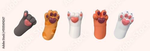 Cat paws with hearts, different gestures. In 3D style. Vector illustration. Vector illustration