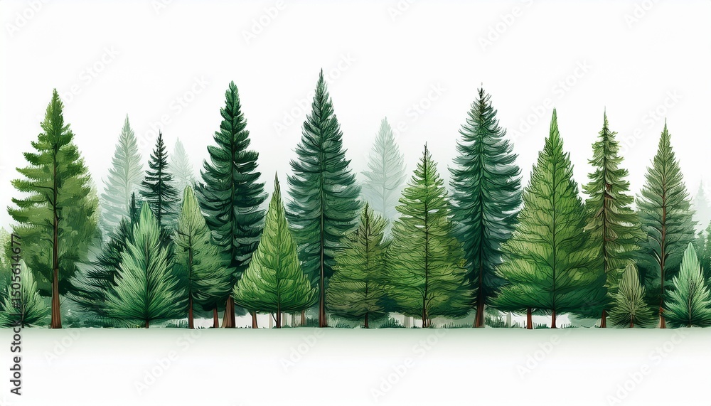 Obraz premium green evergreen fir pine spruce trees treeline isolated on white background generative ai