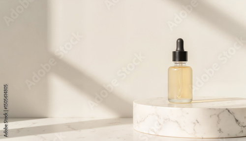 Serum bottle placed on marble surface with soft afternoon light  