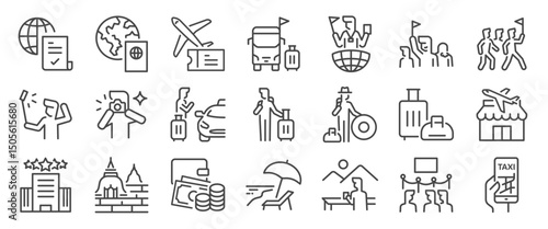 Travel icon set. It includes tour, tourism, flight, vacation, holiday and more icons. Editable Vector Stroke.

