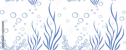 Seamless ocean pattern with hand-drawn seaweed, coral, and bubbles in blue line art on white background. Perfect for aquatic themes, marine projects, and underwater design concepts.


