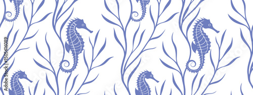 Seamless blue marine pattern with hand-drawn seahorses, starfish, ocean plants, and dots on a white background, ideal for nautical-themed textiles, wrapping, wallpapers, and kids