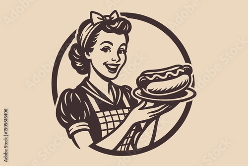 Retro waitress with hotdog engraving style vector illustration