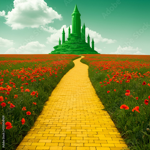 Emerald City pathway in a poppy field. A winding yellow brick road stretches towards a green, fairytale-style castle, amidst a field of vibrant red poppies.
