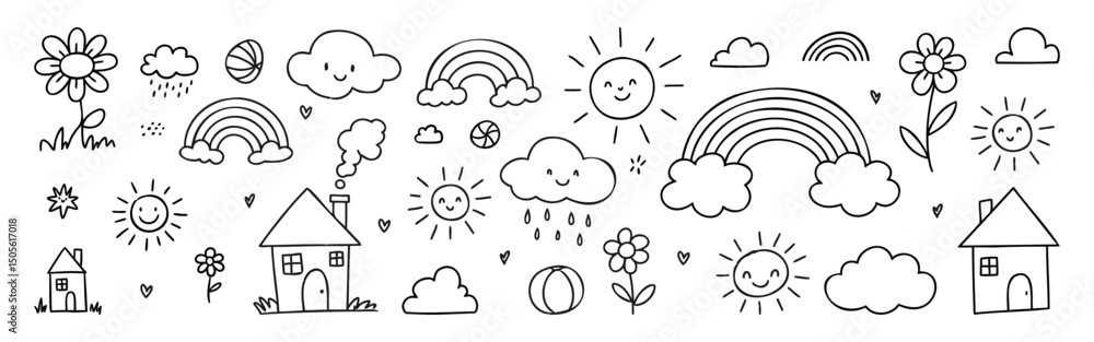 Fototapeta premium Crayon fun cute kid doodle set. Hand drawn doodle sketch childish element collection.