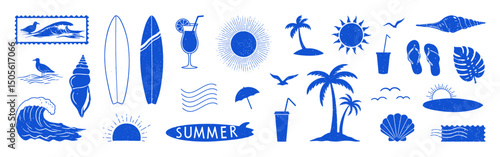 Summer hand drawn collection. Surf, tropical vacation set.
