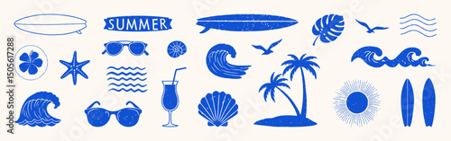 Summer hand drawn collection. Surf, tropical vacation set.