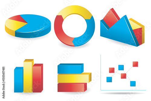 set of 3D charts and graphs in various colors, including bar charts, pie charts, area graphs, and cylinder graphs.