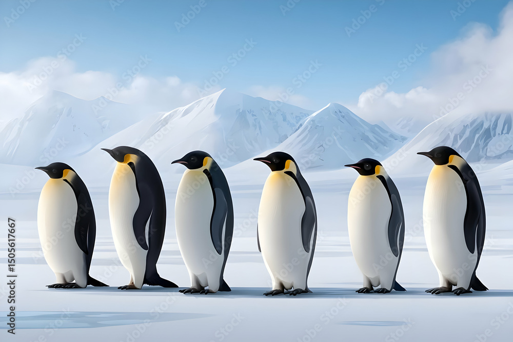 Fototapeta premium A charming group of five emperor penguins standing together in a snowy landscape, showcasing their iconic black and white plumage against a serene backdrop.