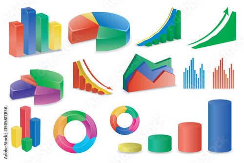 set of 3D charts and graphs in various colors, including bar charts, pie charts, area graphs, and cylinder graphs.