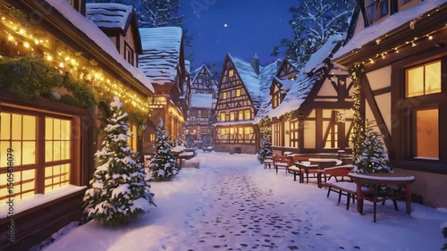 Charming European Town Street Covered in Snow and Decorated with Christmas Lights and Trees at Night