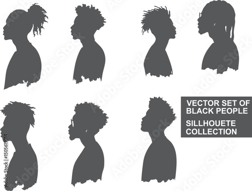 Elegant silhouettes of Black people, diverse hairstyles represented, designed for Juneteenth themes, cultural artwork, and modern graphic compositions.