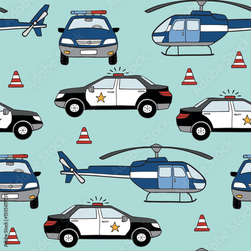 Seamless vector pattern with police car and helicopter. Hand drawn cityscape background. Perfect for textile, wallpaper or print design. EPS 10 vector file.