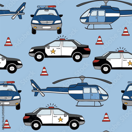 Seamless vector pattern with police car and helicopter. Hand drawn cityscape background. Perfect for textile, wallpaper or print design. EPS 10 vector file.