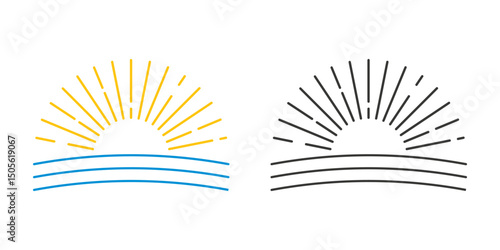 Simple line icon of sunrise. Color and black monochrome version of logo with sun. Clip art, vector element