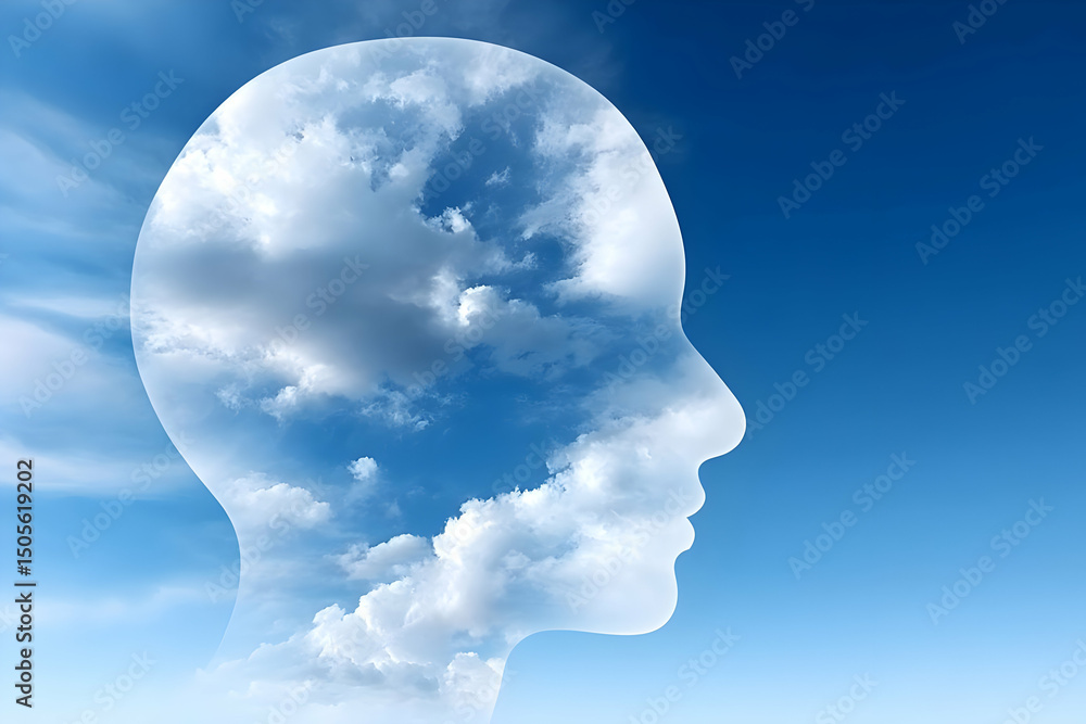A conceptual representation of a person's head filled with clouds, symbolizing thoughts, dreams, and creativity against a clear blue sky. A conceptual representation of a person's head filled with clouds, symbolizing thoughts, dreams, and creativity against a clear blue sky.