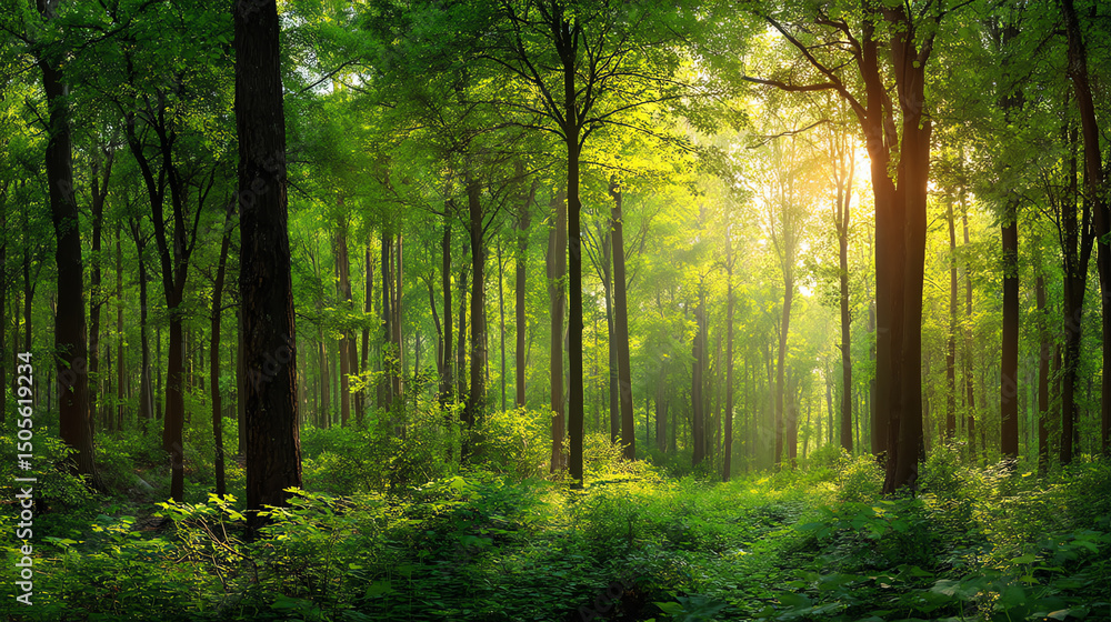 Fototapeta premium Sunlit Forest Pathway in a Lush Green Forest