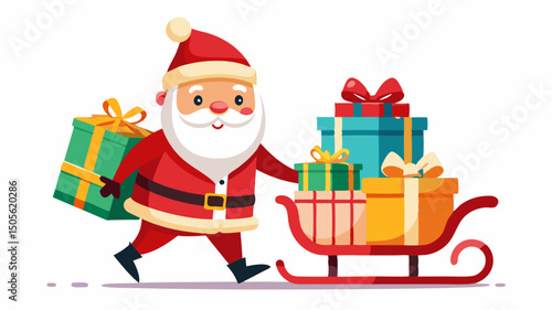 cute Santa Claus carrying sleigh with gift boxes. Santa Claus brought gifts for Holidays. Christmas delivery concept and white background