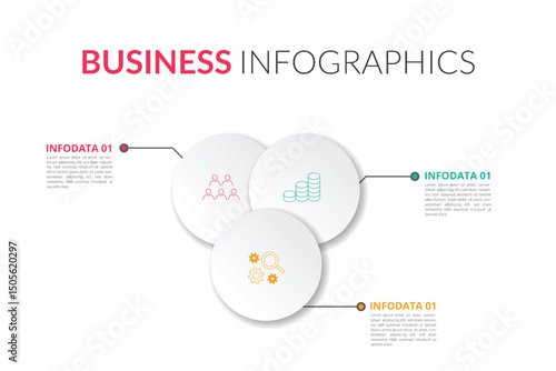 Venn or Euler diagram with three intersected round elements. Concept of 3 features of business srategy. Neumorphic infographic design template. Modern clean vector illustration for logic analysis.