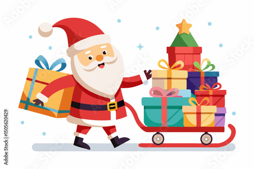 cute Santa Claus carrying sleigh with gift boxes. Santa Claus brought gifts for Holidays. Christmas delivery concept and white background