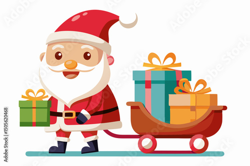 cute Santa Claus carrying sleigh with gift boxes. Santa Claus brought gifts for Holidays. Christmas delivery concept and white background