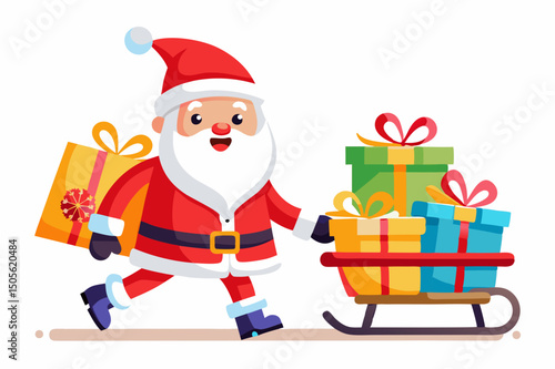 cute Santa Claus carrying sleigh with gift boxes. Santa Claus brought gifts for Holidays. Christmas delivery concept and white background