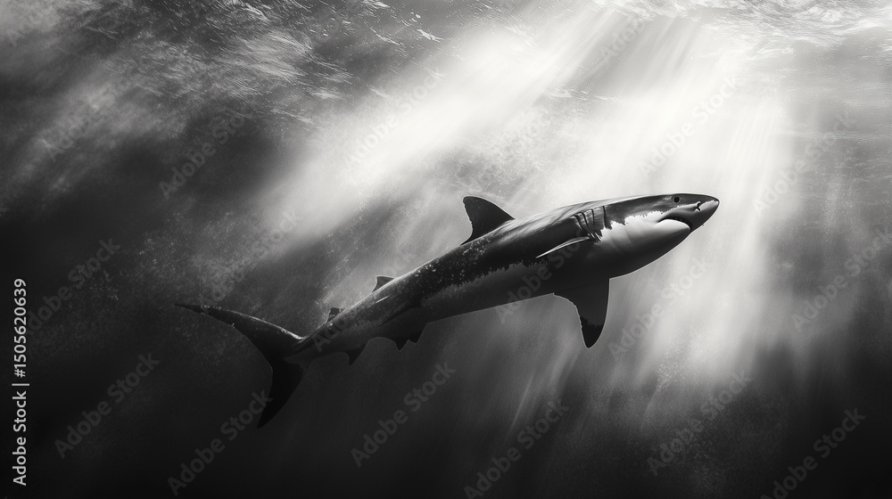 Fototapeta premium A large white shark swimming in the ocean, illuminated by sunlight filtering through the water.