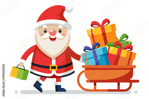 cute Santa Claus carrying sleigh with gift boxes. Santa Claus brought gifts for Holidays. Christmas delivery concept and white background