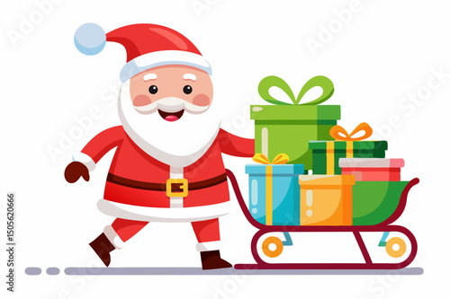 cute Santa Claus carrying sleigh with gift boxes. Santa Claus brought gifts for Holidays. Christmas delivery concept and white background