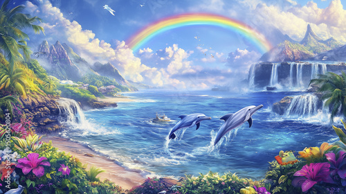 A tropical landscape with a rainbow, waterfalls, dolphins jumping, a boat, lush greenery, flowers, and birds flying.