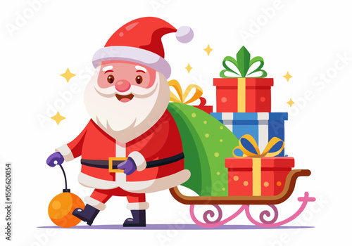 cute Santa Claus carrying sleigh with gift boxes. Santa Claus brought gifts for Holidays. Christmas delivery concept and white background