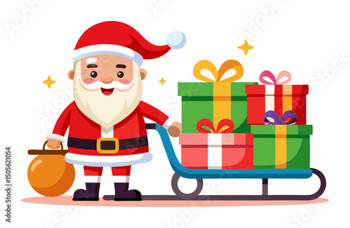 cute Santa Claus carrying sleigh with gift boxes. Santa Claus brought gifts for Holidays. Christmas delivery concept and white background