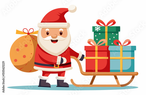 cute Santa Claus carrying sleigh with gift boxes. Santa Claus brought gifts for Holidays. Christmas delivery concept and white background