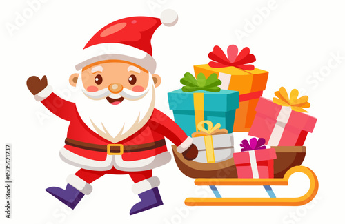 cute Santa Claus carrying sleigh with gift boxes. Santa Claus brought gifts for Holidays. Christmas delivery concept and white background