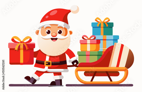 cute Santa Claus carrying sleigh with gift boxes. Santa Claus brought gifts for Holidays. Christmas delivery concept and white background