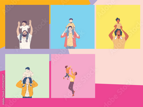 Flat art of a father and son playing, showcasing a joyful, loving bond—perfect for Father’s Day projects, cards, and illustrations.