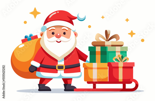 cute Santa Claus carrying sleigh with gift boxes. Santa Claus brought gifts for Holidays. Christmas delivery concept and white background